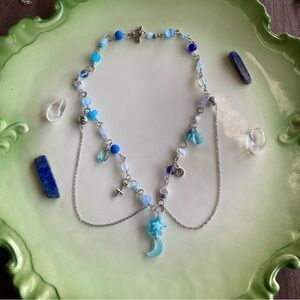 Star of Elendil Blue & Silver Beaded Charm Necklace Pendant Chain Moon Spiral